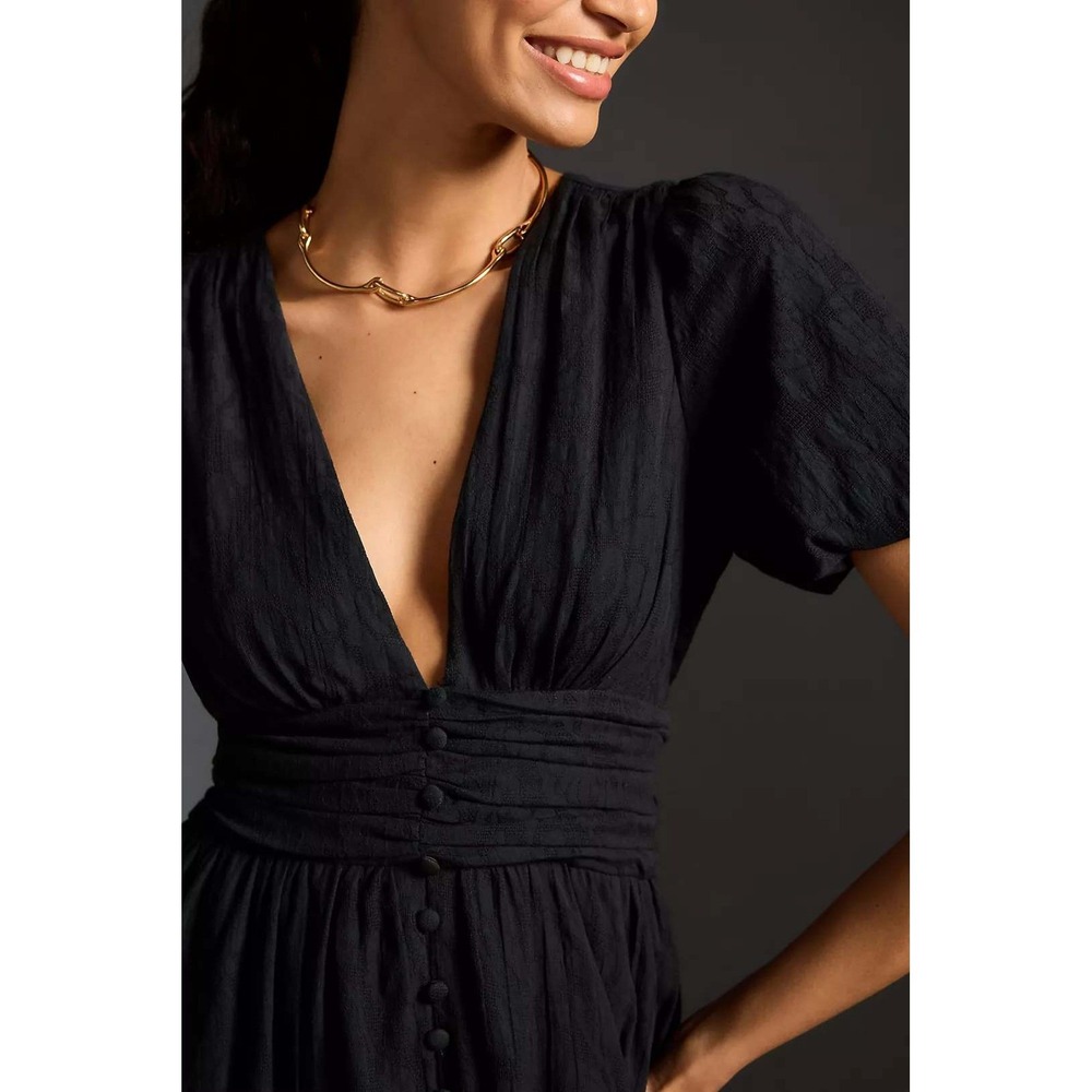 Anthropologie Katerina Button-Front Dress Maxi Dress Black Cotton V-Neck Large - Picture 3 of 10